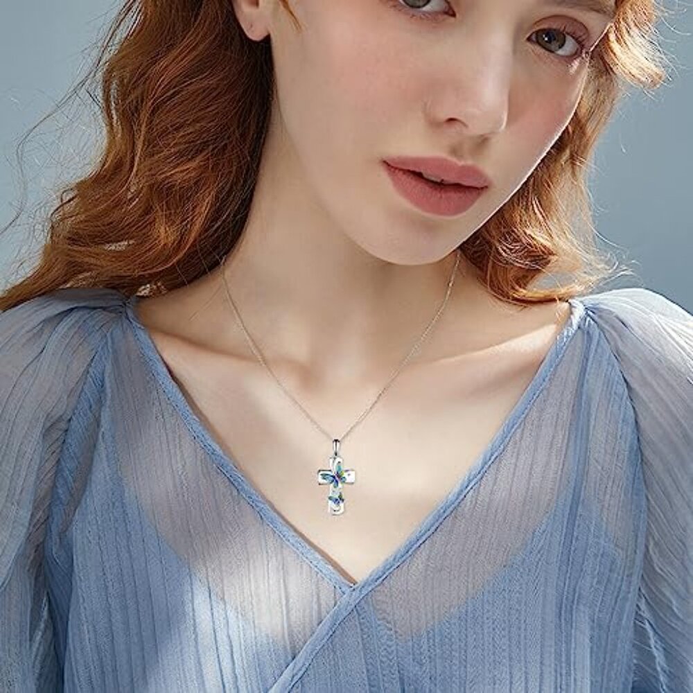 Sterling Silver Cross Butterfly Pendant Necklace Elegant Faith Symbol Jewelry - Picture 3 of 8